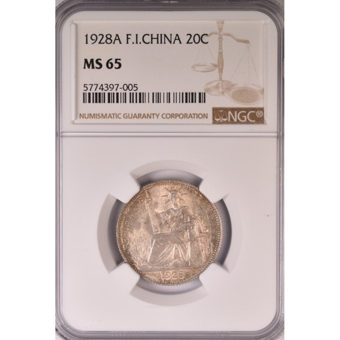 ΓΑΛΛΙΚΗ ΙΝΔΟΚΙΝΑ - 20 Cents 1928, NGC MS65