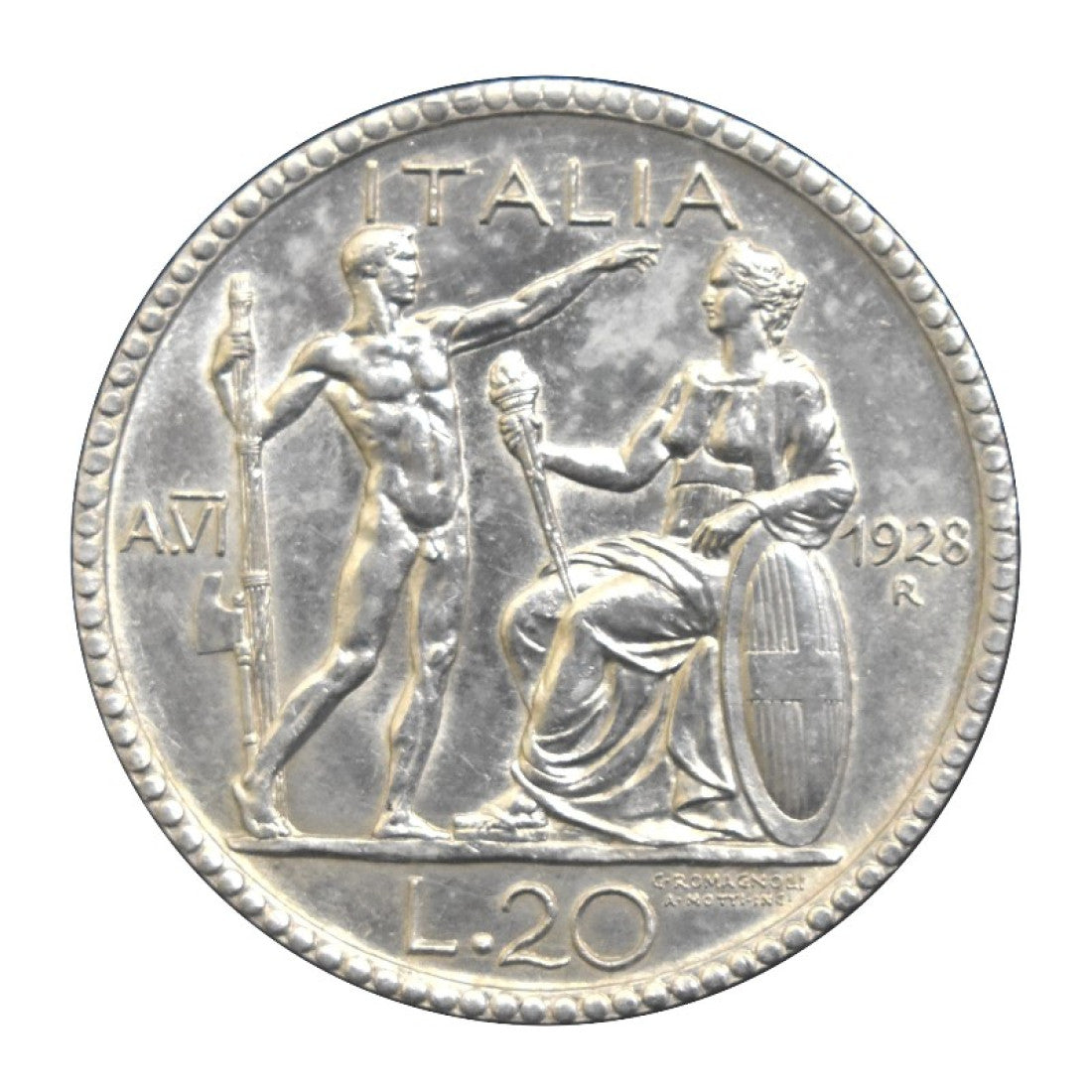 ITALY, 20 Lire 1928 R, XF-AU